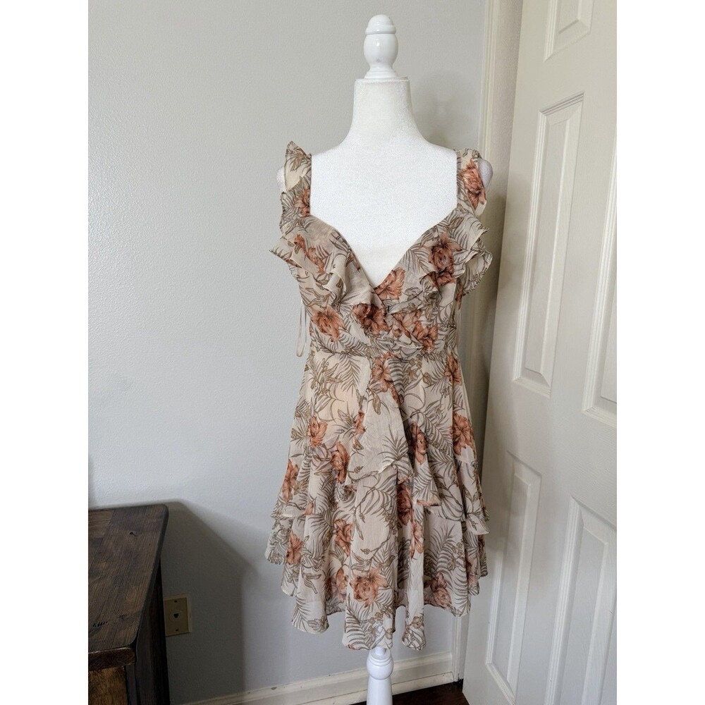 Windsor Floral Mini Dress Juniors L Pink Tan Backless Ruffle V Neck NWT